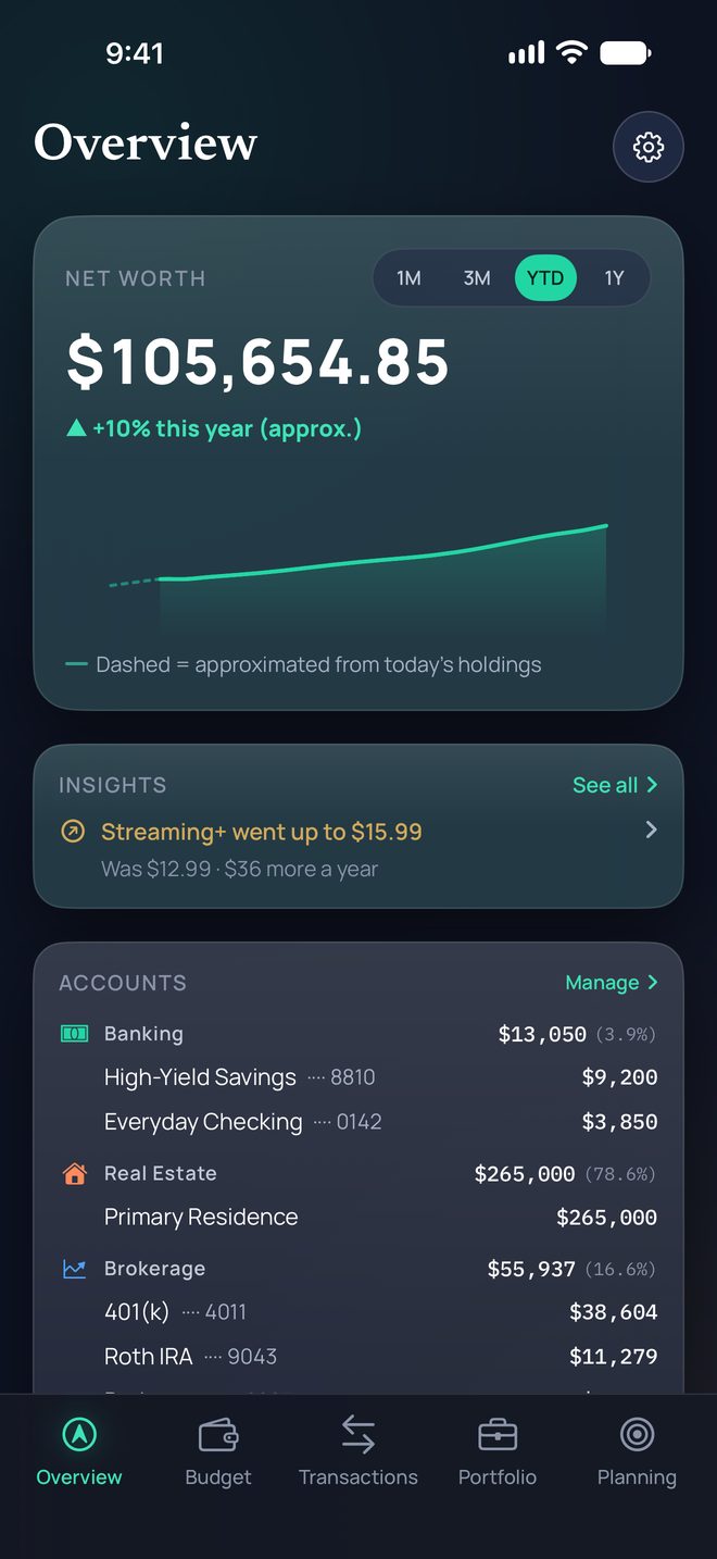 Overview on iPhone: net worth of $105,654.85, with banking $13,050, real estate $265,000, and brokerage $55,937.