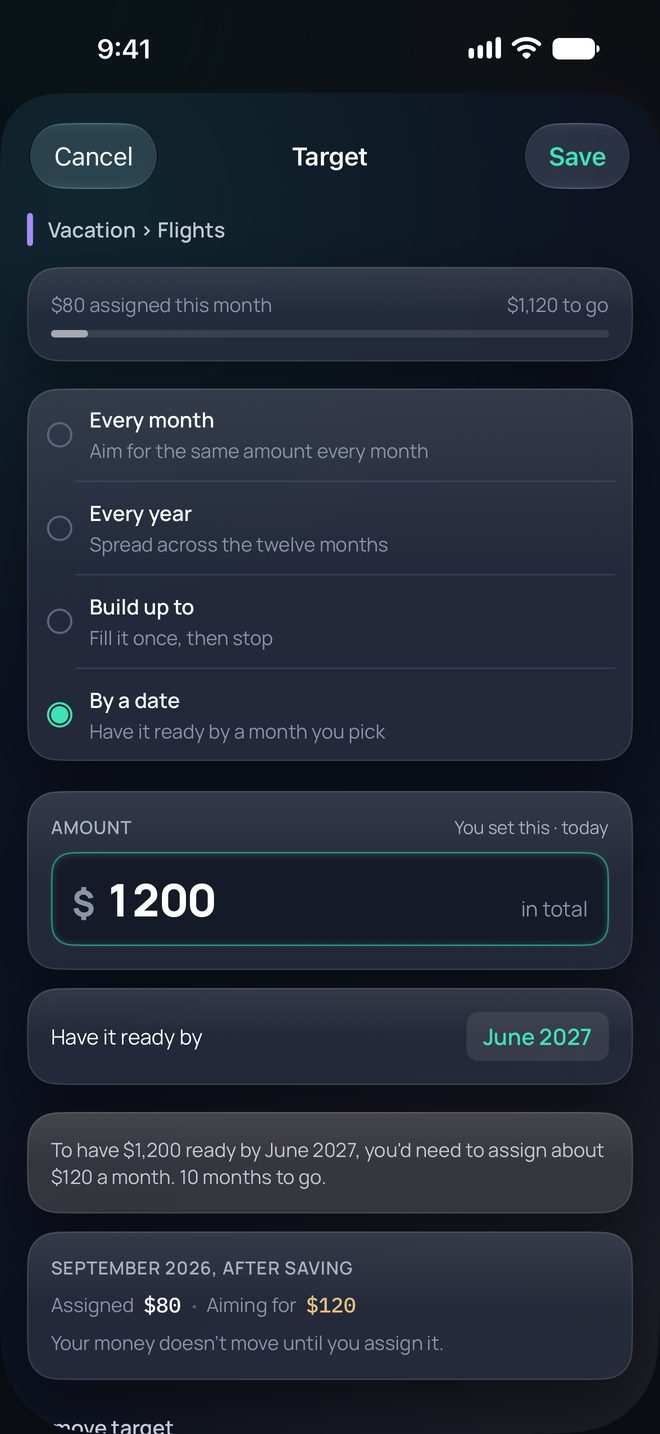 Target for Vacation, Flights, set by a date: $1,200 in total, ready by June 2027. $80 is assigned this month. To have $1,200 ready by June 2027, you’d need to assign about $120 a month. 10 months to go.