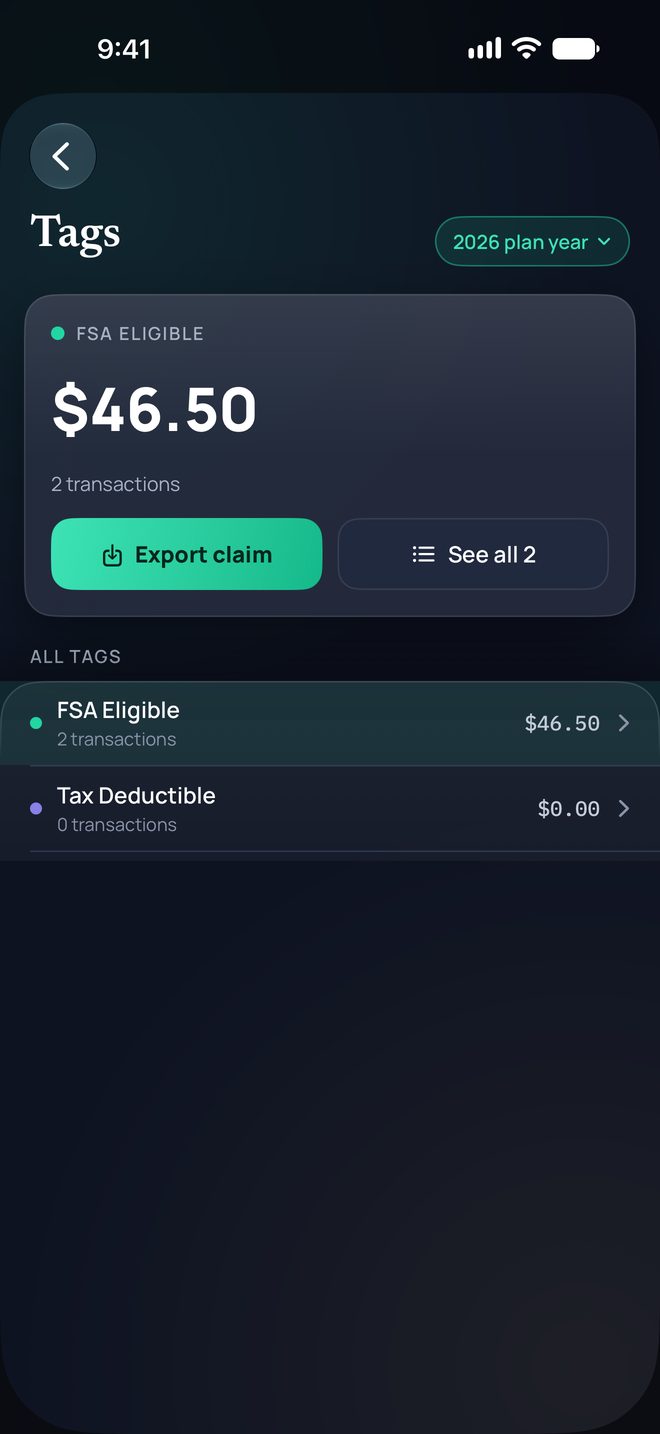 Tags for the 2026 plan year. FSA Eligible is $46.50 across 2 transactions, with Export claim. Tax Deductible is $0.00.