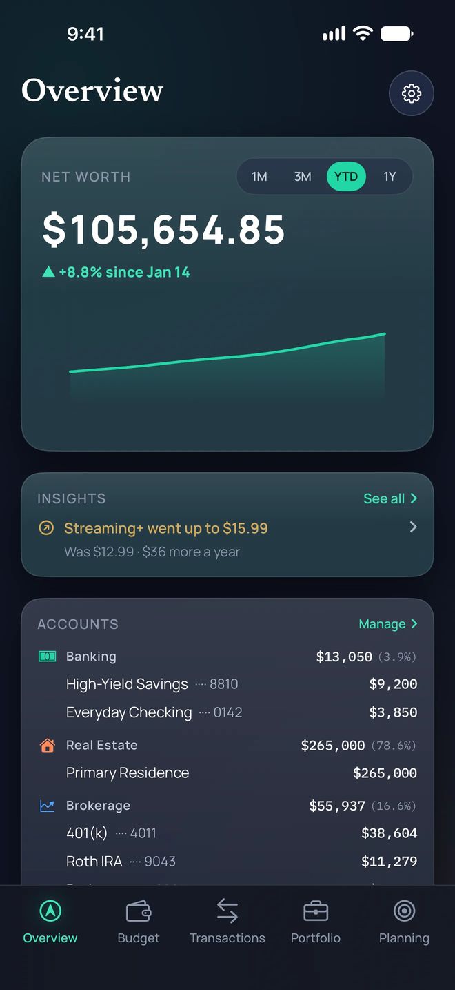 Overview on iPhone: net worth $105,654.85, and an insight that Streaming+ went up to $15.99, $36 more a year.