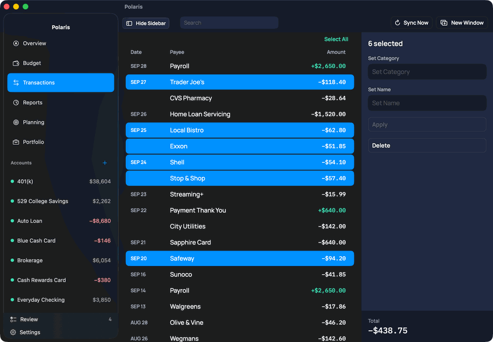Polaris on Mac with six transactions selected using Command- and Shift-click, and a side panel to set a category or name for all of them at once, totaling −$438.75.