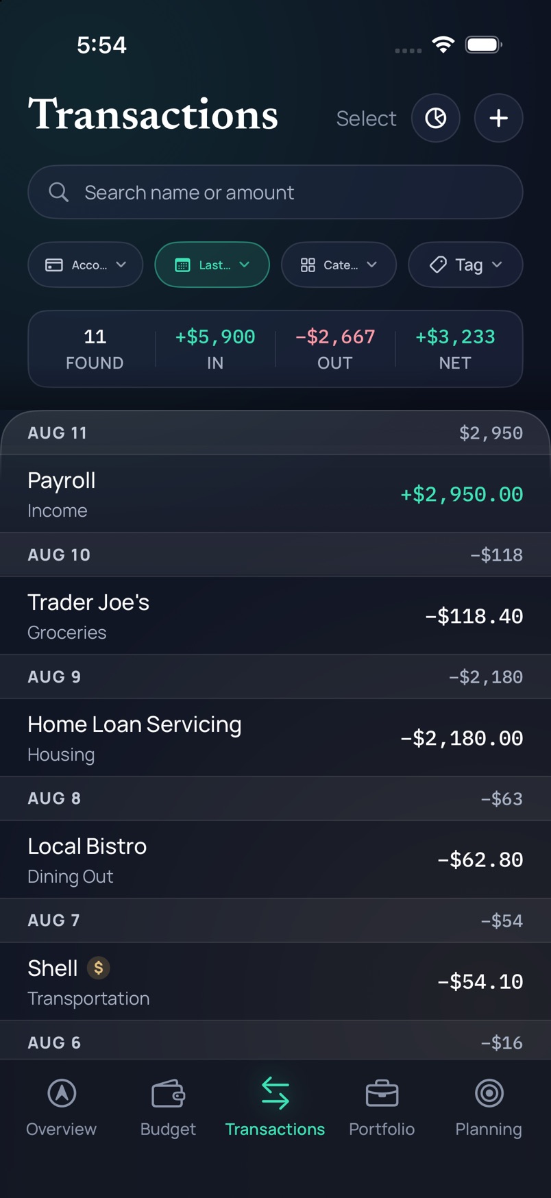 Polaris Transactions showing a paycheck, Trader Joe’s, a mortgage payment, and gas